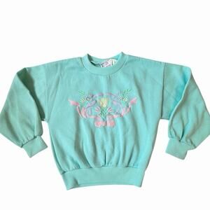 Vintage 80s/90s Girls Crewneck Sweatshirt Mint Green Tulip Embroidery Size 8